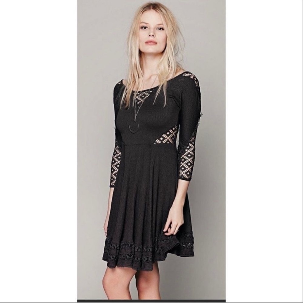 Free People To The Point Lace Cutouts Stretch Skater Dress Black‎ Small Gothic - Picture 2 of 14